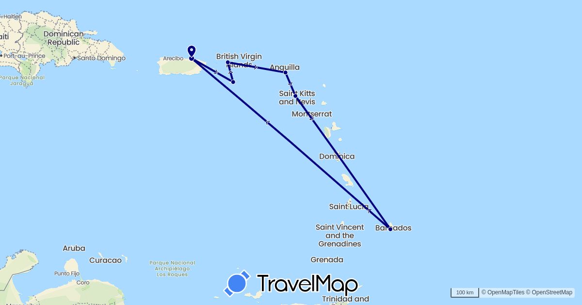 TravelMap itinerary: driving in Barbados, Saint Kitts and Nevis, Netherlands, United States (Europe, North America)