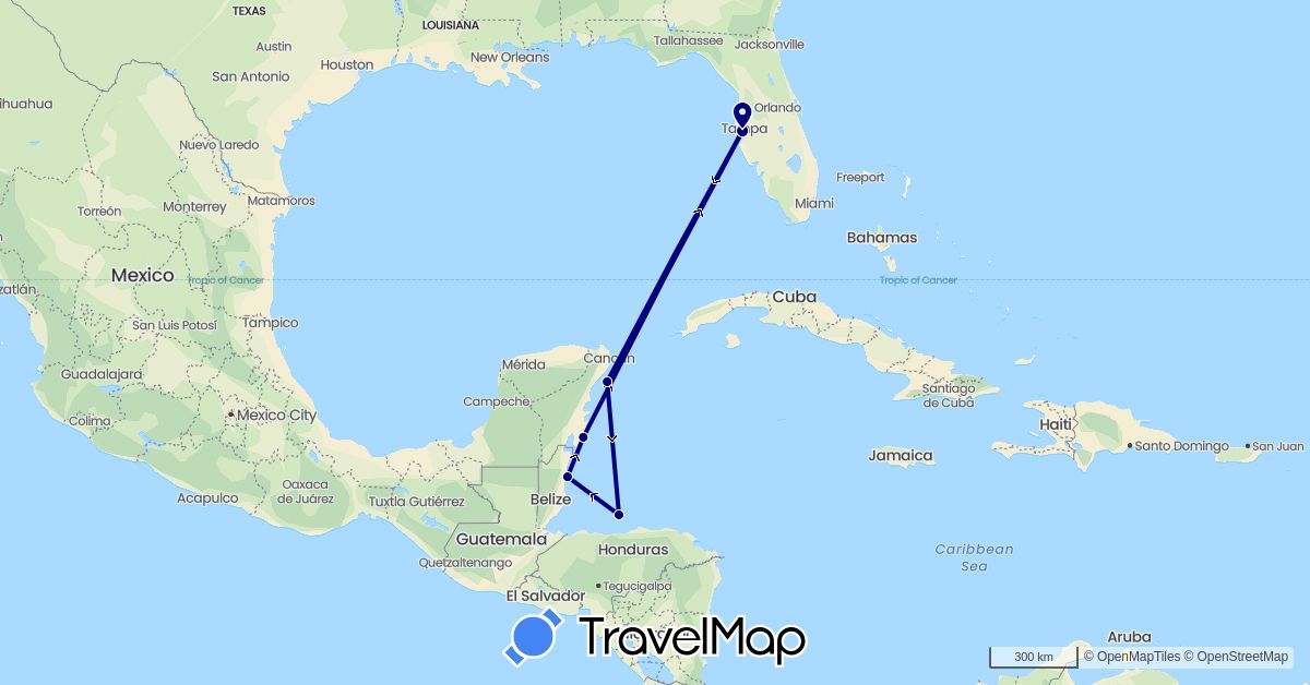 TravelMap itinerary: driving in Belize, Honduras, Mexico, United States (North America)